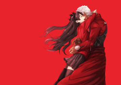Rule 34 | 1boy, 1girl, :d, archer (fate), black bow, black skirt, black thighhighs, bow, brown hair, closed eyes, dark-skinned male, dark skin, fate/stay night, fate (series), floating hair, from side, hair bow, hug, long hair, long sleeves, miniskirt, open mouth, pleated skirt, red background, red shirt, shirt, silver hair, simple background, skirt, smile, thighhighs, tohsaka rin, twintails, very long hair, yamakichi, zettai ryouiki