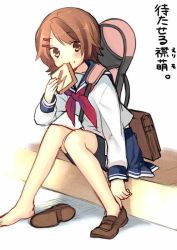 Rule 34 | 1girl, bag, bike shorts under skirt, blush, bread slice, briefcase, brown eyes, brown hair, dressing, food, food in mouth, guitar case, hair ornament, hairclip, hanabana tsubomi, instrument case, looking at viewer, misaki erimo, mouth hold, school bag, school briefcase, school uniform, seishun konbu, serafuku, shoes, short hair, sitting, skirt, solo, sweatdrop, toast, toast in mouth, unworn shoes