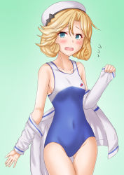Rule 34 | 1girl, alternate costume, anti (untea9), blonde hair, blue eyes, blue one-piece swimsuit, blush, collarbone, cowboy shot, embarrassed, eyebrows, gluteal fold, gradient background, green background, hair between eyes, hat, high school fleet, highres, jacket, janus (kancolle), kantai collection, long sleeves, looking at viewer, medium hair, one-piece swimsuit, open mouth, sailor hat, solo, swimsuit, white hat, white jacket, white one-piece swimsuit