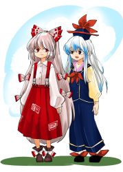 Rule 34 | 2girls, :d, adapted costume, beige shirt, black footwear, blue hair, blue jacket, blue pants, bow, brown eyes, brown footwear, buttons, closed mouth, collared shirt, commentary, dot nose, eyebrows, eyebrows hidden by hair, fingernails, fujiwara no mokou, hair between eyes, hair bow, hat, highres, jacket, kamishirasawa keine, komaku juushoku, long hair, long sleeves, looking at another, multicolored bow, multicolored clothes, multicolored hair, multiple girls, nail polish, neckerchief, ofuda, ofuda on clothes, open mouth, pants, ponytail, puffy sleeves, red bow, red eyes, red neckerchief, red skirt, shirt, shoes, sidelocks, simple background, skirt, sleeveless, sleeveless jacket, smile, standing, suspender skirt, suspenders, tokin hat, touhou, two-tone hair, very long hair, white bow, white hair, white nails, white shirt