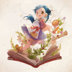 Rule 34 | 1girl, :d, absurdres, blue hair, book, bread, brown eyes, brown footwear, carrot, child, dollyly21, food, hair ornament, hair stick, highres, honzuki no gekokujou, myne (honzuki no gekokujou), open book, open mouth, plant, red ribbon, ribbon, scroll, simple background, skirt, smile, solo, tomato, white background