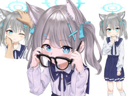 Rule 34 | 1girl, 1other, absurdres, aged down, alternate hairstyle, animal ear fluff, animal ears, black-framed eyewear, blue archive, blue eyes, blue halo, blue skirt, collared shirt, cross hair ornament, extra ears, glasses, grey hair, hair ornament, halo, haoma, headpat, highres, holding, holding removed eyewear, long hair, long sleeves, mismatched pupils, multiple views, pleated skirt, shiroko (blue archive), shirt, simple background, skirt, socks, twintails, unworn eyewear, white background, white shirt, white socks, wolf ears