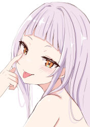 Rule 34 | 1girl, 264 (user ffyd3374), absurdres, akanbe, arched bangs, bare shoulders, blush, closed mouth, commentary request, eyelid pull, grey hair, highres, hololive, long hair, looking at viewer, murasaki shion, portrait, short eyebrows, simple background, smile, solo, tongue, tongue out, virtual youtuber, white background, yellow eyes