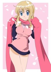 Rule 34 | 1girl, blonde hair, blue eyes, breasts, detached sleeves, dress, elbow gloves, flower, gloves, hainchu, holding, holding clothes, holding scarf, looking at viewer, medium breasts, open mouth, original, petals, pink background, pink dress, pink scarf, purple sleeves, purple trim, rose, rose petals, scarf, yamagata korisa