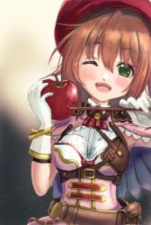 Rule 34 | 1girl, ;d, apple, arrow through apple, belt pouch, blush, breasts, brown hair, capelet, food, fruit, gloves, highres, one eye closed, open mouth, pink capelet, pommier (sennen sensou aigis), pouch, red headwear, sennen sensou aigis, sinonome tounsai, small breasts, smile, solo, upper body, white gloves