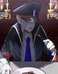 Rule 34 | 1boy, absurdres, bad id, bad pixiv id, black coat, black hat, blue necktie, coat, collared shirt, commentary request, creatures (company), cup, dress shirt, drinking glass, eating, eyelashes, fork, game freak, gloves, grey eyes, grey hair, hat, high collar, highres, holding, holding cup, holding fork, indoors, ingo (pokemon), long sideburns, long sleeves, looking down, male focus, mirror, necktie, nintendo, open mouth, outori (kou02 as), peaked cap, plate, pokemon, pokemon bw, shirt, short hair, sideburns, solo, table, teeth, trench coat, white gloves, white shirt, wine glass