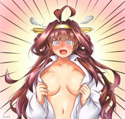 Rule 34 | 1girl, @ @, ahoge, breasts, brown hair, commentary request, double bun, emphasis lines, fang, gradient background, hair bun, hairband, headgear, highres, kantai collection, kongou (kancolle), koutetunamekuji, large breasts, long hair, open clothes, open mouth, red background, smile, solo, steam, upper body