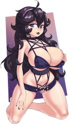 Rule 34 | 1girl, @ @, ahoge, bare arms, bare shoulders, bdsm, black hair, black nails, borvar, breasts, creatures (company), full body, game freak, goth fashion, gradient background, hairband, hex maniac (pokemon), highres, kneeling, large breasts, lips, lipstick, long hair, looking at viewer, makeup, messy hair, nail polish, nintendo, parted lips, pokemon, pokemon xy, purple background, purple eyes, solo, white background
