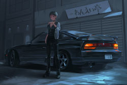 Rule 34 | 1girl, black footwear, black hair, black pants, black shirt, blue eyes, blue jacket, blush, breasts, car, cleavage, commentary request, highres, jacket, large breasts, license plate, momo hiki, motor vehicle, night, nissan, nissan 180sx, open clothes, open jacket, original, outdoors, pants, shirt, shoes, short hair, solo, sports car, standing, tail lights, vehicle focus, watch, wristwatch, zipper