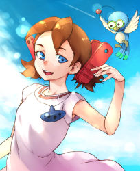 Rule 34 | 1girl, :d, atsushi miyaji, bird, bird (wonder project), blue eyes, brown hair, dress, hair ornament, highres, instrument, jewelry, josette, looking at viewer, necklace, ocarina, open mouth, outdoors, pino (wonder project), short hair, short twintails, smile, twintails, wonder project j2