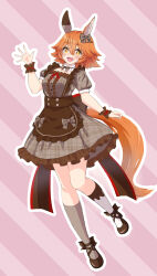 +_+ 1girl alternate_costume animal_ears asymmetrical_legwear blush bow brown_bow brown_dress brown_scrunchie brown_shoes commentary_request dress ear_bow ear_covers enmaided flipped_hair frilled_dress frills full_body hair_between_eyes highres horse_ears horse_girl horse_tail iltusano maid matikanefukukitaru_(umamusume) mismatched_legwear open_mouth orange_hair puffy_short_sleeves puffy_sleeves scrunchie shoes short_hair short_sleeves single_ear_cover smile socks solo striped_background tail umamusume wrist_scrunchie yellow_eyes