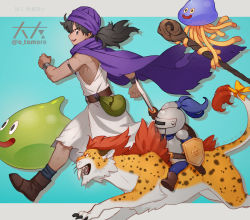 Rule 34 | 1boy, belt, black eyes, borongo, bracelet, brown footwear, cape, dragon quest, dragon quest v, from side, hero (dq5), healslime, holding, holding shield, holding staff, holding sword, holding weapon, jewelry, knight, long hair, low ponytail, monster, o tomo, purple cape, ribbon, running, shield, sitting, slime (creature), slime knight, socks, staff, sword, tail, tail ornament, tail ribbon, turban, weapon, yellow ribbon