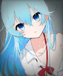 Rule 34 | 1girl, blue eyes, blue hair, bow, collarbone, collared shirt, commentary request, denpa onna to seishun otoko, female focus, hair between eyes, highres, long hair, looking at viewer, off shoulder, open mouth, red bow, school uniform, shirt, simple background, solo, takae (poupee en biscuit), touwa erio, white shirt