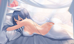 Rule 34 | 1girl, animal ears, ass, azur lane, back, backless dress, backless outfit, bare shoulders, bed sheet, between buttocks, blue eyes, blue hair, blush, breast press, breasts, butt crack, commentary request, dress, elsynien, from side, highres, large breasts, long hair, looking at viewer, looking to the side, lying, new jersey (azur lane), new jersey (snow-white ceremony) (azur lane), hugging object, on bed, on stomach, pillow, pillow hug, rabbit ears, sideboob, solo, very long hair, white dress