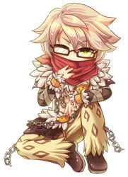 Rule 34 | 1boy, animal print, bandana, black-framed eyewear, black jacket, blonde hair, brown cape, brown footwear, cape, chain, commentary request, full body, fur collar, glasses, green eyes, jacket, leopard print, looking at viewer, lowres, male focus, pants, ragnarok online, rectangular eyewear, red bandana, shadow chaser (ragnarok online), shoes, short hair, shrug (clothing), simple background, sion (blackhorse), sitting, smiley face, solo, waist cape, white background, yellow pants