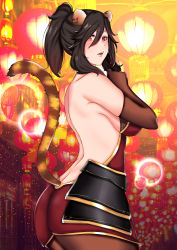 Rule 34 | 1girl, animal ears, ass, backless outfit, bad id, bad pixiv id, bare shoulders, black choker, breasts, brown eyes, brown hair, brown pantyhose, cat ears, cat tail, choker, elbow gloves, fenux, gloves, hair between eyes, highres, indoors, looking at viewer, medium breasts, mole, mole under eye, open mouth, original, pantyhose, ponytail, sidelocks, solo, standing, tail, thighs