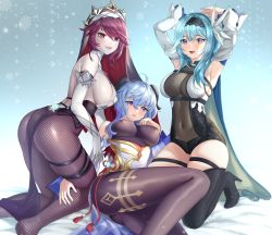 Rule 34 | 3girls, :d, absurdres, ahoge, aqua hair, armpits, arms up, ass, backless dress, backless outfit, bare shoulders, black footwear, blue hair, bodysuit, boots, breasts, brown legwear, cape, covered erect nipples, covered navel, detached sleeves, dress, elbow gloves, eula (genshin impact), fishnet legwear, fishnets, ganyu (genshin impact), genshin impact, gloves, goat horns, gold trim, hairband, high heel boots, high heels, highres, horns, ice, kneeling, large breasts, long sleeves, looking at viewer, multiple girls, no shoes, open mouth, pantyhose, pelvic curtain, potetos7, purple eyes, purple hair, reclining, red eyes, rosaria (genshin impact), short hair, sideboob, skindentation, sleeveless, sleeveless dress, smile, thigh boots, thigh strap, thighhighs, thighs, veil, white gloves