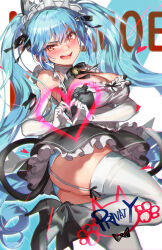 Rule 34 | 1girl, absurdres, animal ears, apron, ass, bell, black dress, blue hair, blue panties, blush, breasts, cat ears, cleavage, dress, elbow gloves, embarrassed, garter straps, gloves, goddess of victory: nikke, heart, heart hands, highres, large breasts, leg up, long hair, looking at viewer, maid, maid apron, maid headdress, michairu, neck bell, open mouth, panties, paw hair ornament, privaty (nikke), privaty (unkind maid) (nikke), smile, solo, thighhighs, twintails, underwear, white apron, white garter straps, white gloves, white headdress, white thighhighs, yellow eyes