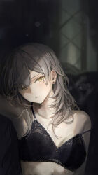 1girl absurdres black_bra blurry blurry_background bokeh bra breasts closed_mouth commentary_request depth_of_field earrings grey_hair hair_between_eyes head_tilt hidulume highres honkai:_star_rail honkai_(series) jewelry lace lace_bra long_hair looking_at_viewer medium_breasts solo stelle_(honkai:_star_rail) strap_slip stud_earrings trailblazer_(honkai:_star_rail) underwear upper_body yellow_eyes