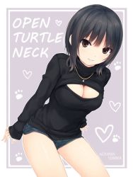 Rule 34 | 1girl, aoyama sumika, black hair, breasts, brown eyes, character name, cleavage, cleavage cutout, clothing cutout, coffee-kizoku, cowboy shot, english text, heart, jewelry, jpeg artifacts, leaning forward, looking at viewer, medium breasts, meme attire, necklace, open-chest sweater, original, ribbed sweater, short hair, short shorts, shorts, sleeves past wrists, smile, solo, sweater, turtleneck