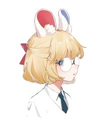 Rule 34 | 1girl, animal crossing, animal ear fluff, animal ears, arin (fanfan013), black eyes, black necktie, blonde hair, blush, bow, coat, collared shirt, hair bow, highres, lab coat, looking at viewer, mouse ears, mouse girl, necktie, nintendo, personification, petri (animal crossing), red bow, shirt, short hair, sidelocks, simple background, solo, upper body, white background, white coat, white shirt