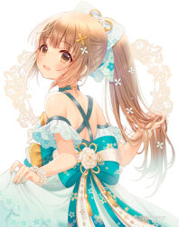Rule 34 | 1girl, back, bare shoulders, blue bow, blue dress, blue ribbon, blunt bangs, blush, bow, breasts, brown eyes, brown hair, dot nose, dress, dress bow, floral print, flower bracelet, from behind, hair bow, hair ornament, hands up, holding, holding hair, idolmaster, idolmaster cinderella girls, idolmaster cinderella girls starlight stage, long hair, looking at viewer, looking back, open mouth, ponytail, print bow, print ribbon, ribbon, serino itsuki, skirt hold, sleeveless, sleeveless dress, small breasts, smile, solo, standing, very long hair, white background, x hair ornament, yorita yoshino