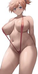 Rule 34 | 1girl, absurdres, aged up, alternate breast size, arms behind back, bikini, blue eyes, blush, breasts, brown hair, cowboy shot, creatures (company), curvy, game freak, highres, huge breasts, jasony, large breasts, misty (pokemon), navel, nintendo, pokemon, pokemon rgby, short hair, simple background, smile, solo, standing, stomach, swimsuit, thighs, white background