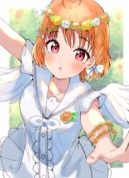 Rule 34 | 1girl, :o, absurdres, artist name, artist request, bare shoulders, blush, bow, breasts, collarbone, dress, feather hair ornament, female focus, flower wreath, hair bow, hair ornament, hairclip, head wreath, highres, looking at viewer, love live!, love live! school idol festival, love live! sunshine!!, medium breasts, nail polish, orange hair, outstretched arms, red eyes, sailor collar, short hair, skirt, smile, snya, snya (pixiv17390904), solo, takami chika, white bow, white dress, white skirt, white wings, wing hair ornament, wings