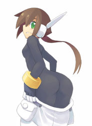 Rule 34 | 1girl, aile (mega man zx), ass, blush, bodysuit, breasts, brown hair, capcom, green eyes, looking back, lowres, mega man (series), mega man zx, shigehiro (hiroi heya), small breasts, solo, source request, spandex, surprised, undressing