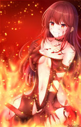 Rule 34 | 1girl, blood, blood on face, blurry, blurry foreground, blush, breasts, brown dress, brown gloves, brown hair, burning, cleavage, collarbone, commentary request, depth of field, dress, ear piercing, earrings, endsmall min, fate/grand order, fate (series), fire, gloves, grin, hair between eyes, hand up, highres, jewelry, long hair, looking at viewer, medium breasts, navel, piercing, red eyes, revealing clothes, ribbon-trimmed dress, ribbon trim, signature, sitting, smile, solo, strapless, strapless dress, very long hair, yu mei-ren (fate)
