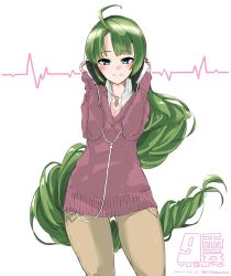 Rule 34 | 10s, 1girl, 2017, :&gt;, absurdres, ahoge, alternate costume, blue eyes, blush, braid, breasts, cable, cleavage, closed mouth, collared shirt, cowboy shot, dated, green hair, hands on headphones, headphones, highres, jewelry, kantai collection, kirishina (raindrop-050928), long hair, long sleeves, looking at viewer, mole, mole under mouth, necklace, one-hour drawing challenge, pants, shirt, single braid, small breasts, smile, solo, sweater, twitter username, very long hair, white background, yuugumo (kancolle)