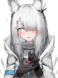 Rule 34 | 1girl, absurdres, animal ears, arknights, black gloves, blush, frostnova (arknights), gloves, hair ornament, hair over one eye, hairclip, highres, jacket, looking at viewer, medium hair, simple background, smile, solo, tab head, upper body, white background, white eyes, white hair, white jacket