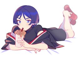 Rule 34 | 1boy, black shorts, blush, cup, drinking glass, drinking straw, eyeliner, genshin impact, highres, lilyglazed, looking at viewer, lying, male focus, off shoulder, on stomach, purple eyes, purple hair, red eyeliner, scaramouche (genshin impact), short hair, short sleeves, shorts, slippers, white background