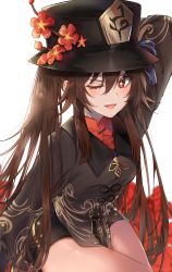 Rule 34 | 1girl, absurdres, arm behind head, arm up, black coat, black hat, black shorts, blush, breasts, brown hair, coat, flower, genshin impact, hat, hat flower, highres, hu tao (genshin impact), kanniiepan, long hair, long sleeves, looking at viewer, one eye closed, open mouth, plum blossoms, red eyes, shorts, small breasts, smile, symbol-shaped pupils, thighs, twintails, very long hair
