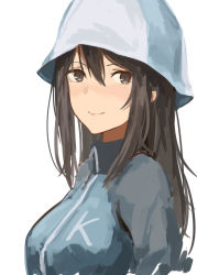 Rule 34 | 10s, 1girl, bad id, bad pixiv id, blue hat, blue jacket, blush, breasts, brown eyes, brown hair, close-up, closed mouth, girls und panzer, hair between eyes, hat, highres, jacket, keizoku military uniform, lips, long hair, looking to the side, medium breasts, mika (girls und panzer), nose blush, senaya eru, simple background, sketch, track jacket, upper body, white background