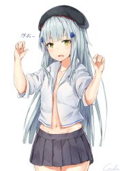 Rule 34 | 1girl, absurdres, artist name, beret, black cola, black skirt, blouse, blue hair, blunt bangs, blush, collarbone, cowboy shot, gao, girls&#039; frontline, green eyes, hair ornament, hands up, hat, highres, hk416 (girls&#039; frontline), long hair, looking at viewer, navel, no bra, open clothes, open mouth, open shirt, paw pose, pleated skirt, shirt, sidelocks, signature, silver hair, simple background, skirt, sleeves rolled up, solo, straight hair, white background