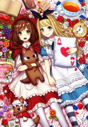 Rule 34 | 2girls, ace (playing card), ace of hearts, alice in wonderland, animal ears, apple, black legwear, blonde hair, blue eyes, blush, book, brown hair, card, clock, cup, fake animal ears, flower, food, fruit, glasses, grapes, green eyes, hairband, hat, heart, highres, holding, holding hands, holding pillow, holding stuffed toy, kiritani846, little red riding hood, long hair, looking at viewer, lying, mob cap, multiple girls, on back, open book, open mouth, original, pantyhose, pillow, plate, playing card, puffy short sleeves, puffy sleeves, rabbit ears, short hair, short sleeves, smile, striped clothes, striped legwear, striped pantyhose, stuffed animal, stuffed toy, stuffed wolf, tea, teacup, teeth, thighhighs, white legwear