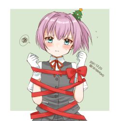 Rule 34 | 1girl, blue eyes, bound, christmas tree, cocoperino, dress shirt, gloves, grey skirt, grey vest, hair ornament, kantai collection, neck ribbon, one-hour drawing challenge, pink hair, pleated skirt, ponytail, red ribbon, ribbon, school uniform, shiranui (kancolle), shirt, short hair, short sleeves, skirt, solo, tied up (nonsexual), upper body, vest, white gloves, white shirt