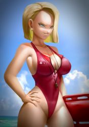 Rule 34 | alternate breast size, android 18, beach, blonde hair, blue eyes, breasts, cyborg, dragon ball, dragonball z, elitenappa1, hand on hip, highleg, highleg swimsuit, highres, large breasts, lifeguard, looking to the side, one-piece swimsuit, red swimsuit, revealing clothes, swimsuit, thighs