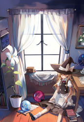 Rule 34 | 1girl, ball, black footwear, black skirt, black vest, book, book stack, bow, bowtie, box, braid, cross, curtains, day, flower, hat, hat ribbon, hexagram, highres, holding, holding book, indoors, kirisame marisa, looking to the side, mary janes, on floor, open book, outstretched legs, plant, potted plant, puffy short sleeves, puffy sleeves, red bow, red bowtie, ribbon, scroll, shirt, shoes, short sleeves, single braid, sitting, skirt, socks, solo, touhou, vest, vial, white shirt, white socks, window, witch hat, wooden floor, yellow eyes, yorktown cv-5