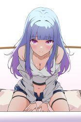 Rule 34 | 1girl, absurdres, batta 16-sei, between legs, blue hair, blue shorts, blunt bangs, blush, breasts, cleavage, closed mouth, collarbone, gradient hair, hand between legs, highres, leaning forward, lize helesta, looking at viewer, medium breasts, midriff, multicolored hair, navel, navel piercing, nijisanji, open clothes, open shorts, piercing, pink eyes, purple hair, shirt, short shorts, shorts, signature, sitting, skindentation, sleeveless, sleeveless shirt, smile, solo, stomach, thigh strap, virtual youtuber, white shirt