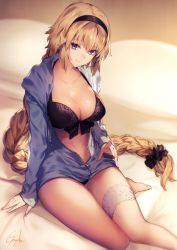 Rule 34 | 1girl, bikini, black bikini, blonde hair, blue eyes, braid, breasts, cleavage, commentary request, fate/grand order, fate (series), genyaky, hairband, jacket, jeanne d&#039;arc (fate), jeanne d&#039;arc (ruler) (fate), jeanne d&#039;arc (swimsuit archer) (fate), jeanne d&#039;arc (swimsuit archer) (first ascension) (fate), large breasts, long hair, looking at viewer, smile, solo, swimsuit, very long hair