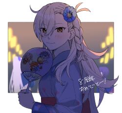 Rule 34 | 1girl, alternate costume, antenna hair, blue flower, blue kimono, blush, braid, character print, closed mouth, commentary request, crossed bangs, fate/grand order, fate (series), flower, fujimaru ritsuka (female), fujimaru ritsuka (male), hair between eyes, hair flower, hair ornament, hand fan, highres, holding, holding fan, japanese clothes, kimono, long hair, looking at viewer, mash kyrielight, noz 2to, olga marie animusphere, riyo (lyomsnpmp) (style), side braid, smile, solo focus, white hair, yellow eyes, yukata