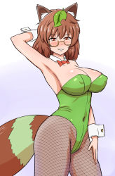 Rule 34 | 1girl, animal ears, armpits, blush, breasts, brown eyes, brown hair, cleavage, covered erect nipples, covered navel, fishnets, futatsuiwa mamizou, glasses, gradient background, groin, hand on thigh, highres, large breasts, leaf, leaf on head, leotard, looking at viewer, nek3124, pantyhose, parted lips, raccoon ears, raccoon tail, shiny clothes, shiny skin, short hair, simple background, smile, solo, tail, tanuki, teeth, touhou