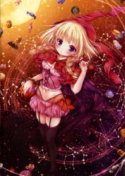 Rule 34 | 1girl, absurdres, animal ears, animal hood, black thighhighs, blonde hair, blush, bow, bowtie, braid, breasts, cape, capelet, cleavage, constellation, crop top, fake animal ears, garter straps, hair ornament, halloween, halloween costume, highres, holding, hood, jack-o&#039;-lantern, long hair, midriff, moon, mubi alice, navel, original, parted lips, pink shirt, pink shorts, pumpkin, purple eyes, rabbit ears, red bow, red bowtie, shirt, short shorts, shorts, small breasts, solo, stomach, thighhighs, twin braids