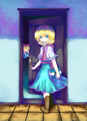 Rule 34 | 1girl, 23, 23 (candy chapus), :d, alice margatroid, blonde hair, blue eyes, book, boots, bow, capelet, colored eyelashes, doll, door, doorway, dress, female focus, flat chest, from behind, full body, hair between eyes, hair bow, hairband, holding, holding book, index finger raised, indoors, light smile, lolita hairband, looking at viewer, looking back, open door, open mouth, sash, scarf, shanghai doll, short hair, smile, solo, standing, tile floor, tiles, touhou, yellow eyes