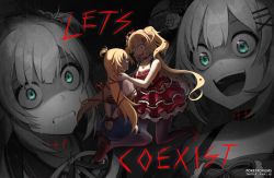 Rule 34 | 2girls, akai haato, akai haato (gothic lolita), aqua eyes, blonde hair, bound, bound wrists, breasts, cleavage, commentary, crazy eyes, dress, dual persona, english commentary, english text, eye contact, fangs, flower, frilled dress, frills, hair flower, hair ornament, hair ribbon, hairclip, heart, heart hair ornament, heart necklace, hololive, jewelry, kneeing, laughing, long hair, looking at another, monochrome, multiple girls, necklace, open mouth, pokey, red dress, red ribbon, ribbon, scared, shadow, sitting, stitched neck, stitches, sweat, teeth, thighhighs, virtual youtuber, wariza, watermark, zoom layer