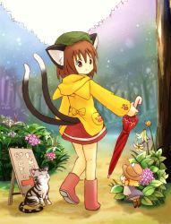 Rule 34 | 2girls, animal ears, bad id, bad pixiv id, blonde hair, boots, brown eyes, brown hair, cat, cat ears, cat tail, chen, eijima moko, female focus, flower, forest, hat, hydrangea, lily (flower), mini person, minigirl, moriya suwako, multiple girls, multiple tails, nature, raincoat, red footwear, sign, smile, snail, tabby cat, tail, touhou, tree, umbrella