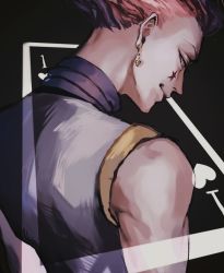 Rule 34 | 1boy, bare shoulders, card, closed mouth, earrings, facial mark, grey background, hair slicked back, half-closed eyes, heart, heart earrings, highres, hisoka morow, hunter x hunter, jewelry, looking at viewer, looking back, male focus, momota ro5555, multicolored hair, pink hair, playing card, purple hair, simple background, single earring, smile, solo, star (symbol), star facial mark, upper body, yellow eyes