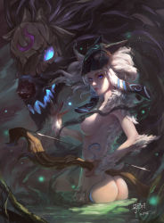 Rule 34 | 1girl, absurdres, ass, blonde hair, blue eyes, body fur, bow, bow (weapon), cowboy shot, dated, highres, holding, holding bow (weapon), holding weapon, hooves, hung wan yu, kindred (league of legends), lamb (league of legends), league of legends, mask, nude, personification, smile, tree, wading, water, weapon, wolf, wolf (league of legends)